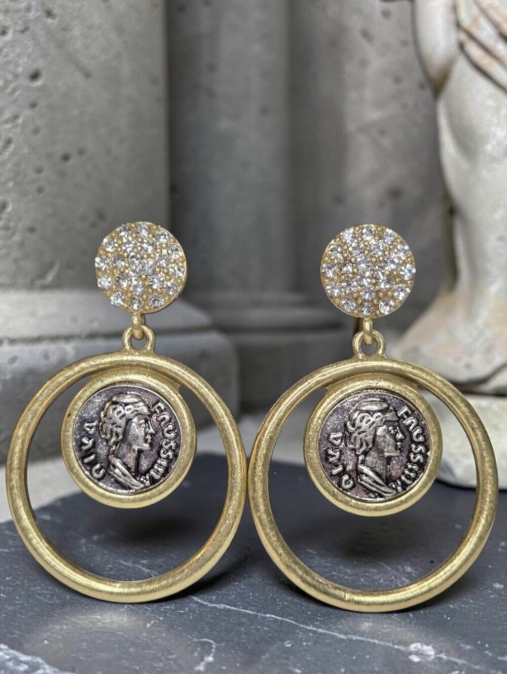 Oversized Matte Gold 2 Tone Ancient Coin Hoop Zircon Crystal Dangle Earrings